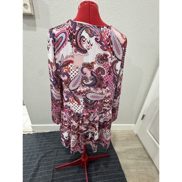 Paisley Print Long Sleeve Tunic Dress Bohemian Flowy Mini Dress - Picture 2 of 4